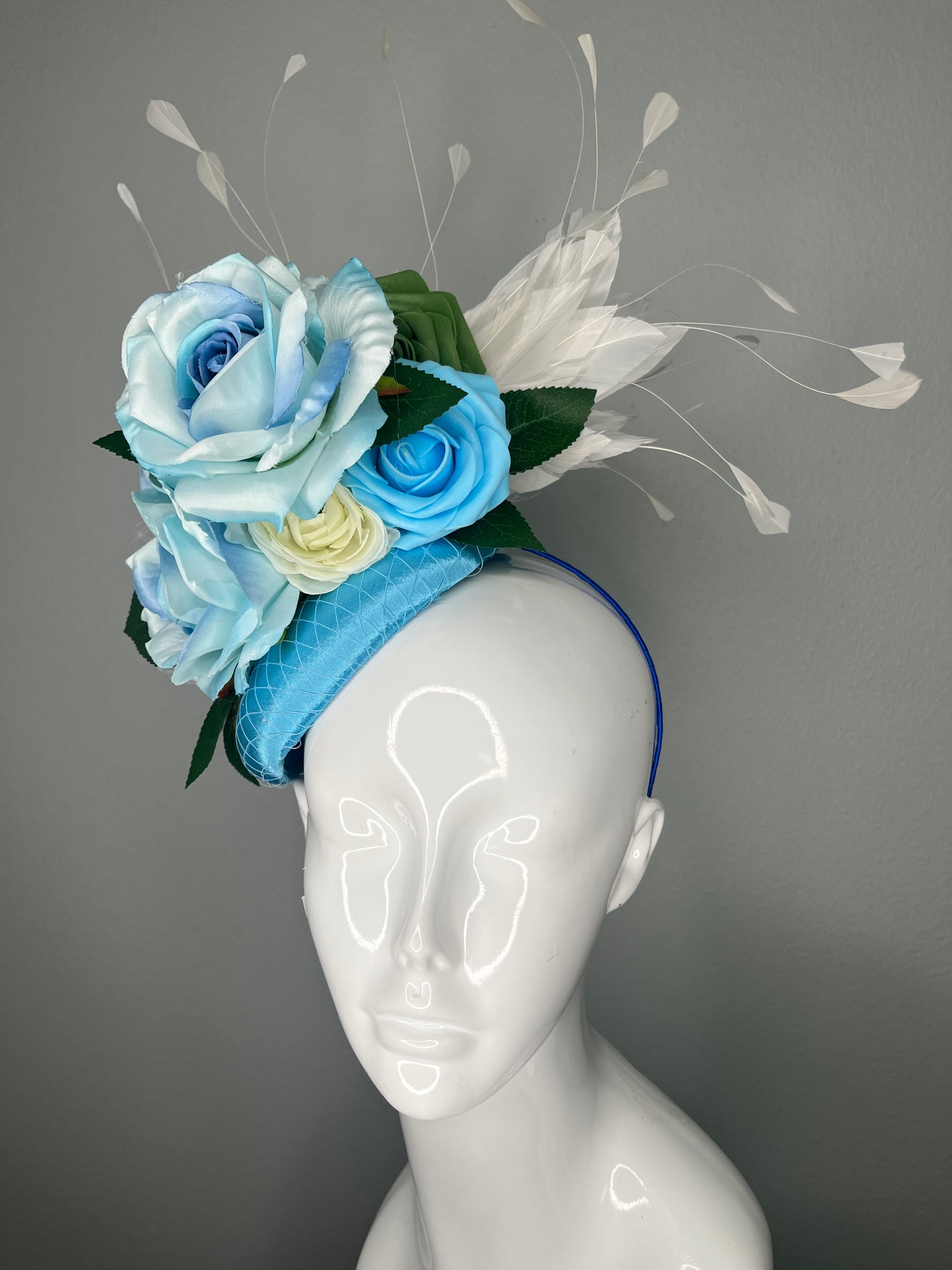 Light Blue Floral Kentucky Derby Fascinator – Sky Blue  Hat with Roses, Navy Flower & White Feather Sprays