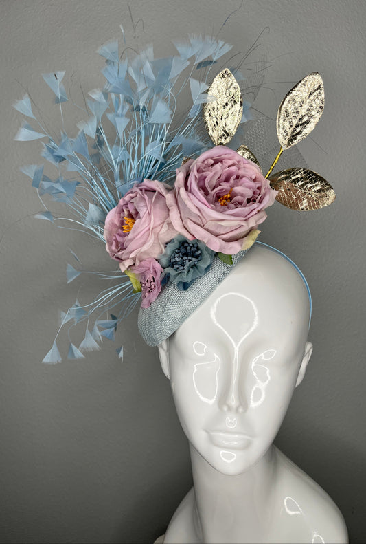 Pastel Blue Sinamay Fascinator with Blush Peonies & Metallic Leaves
