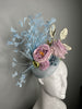 Pastel Blue Sinamay Fascinator with Blush Peonies & Metallic Leaves