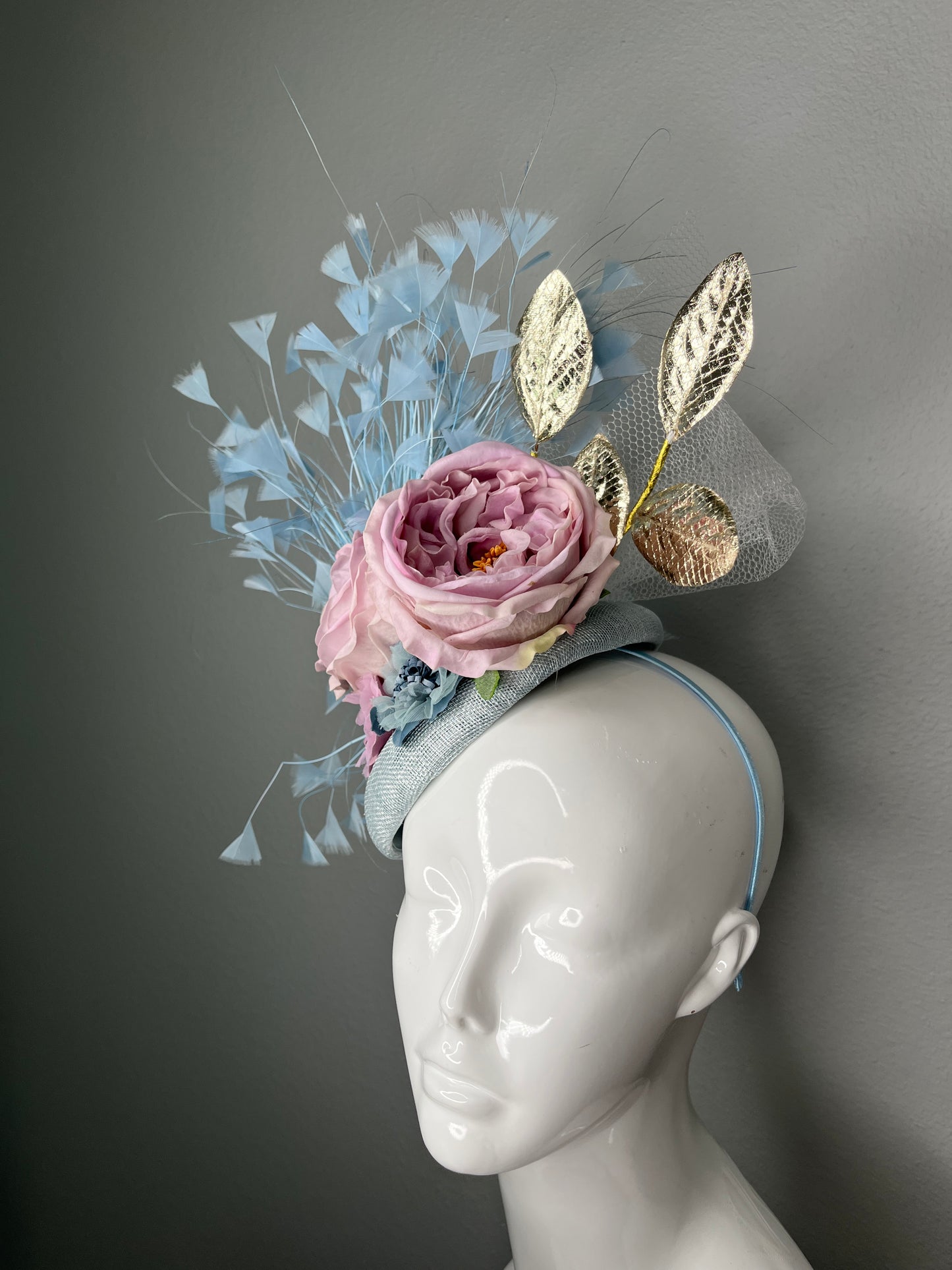 Pastel Blue Sinamay Fascinator with Blush Peonies & Metallic Leaves