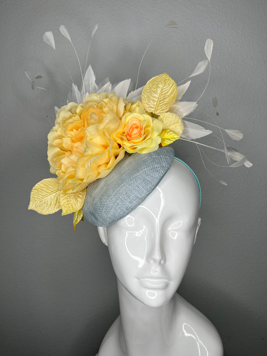 Kentucky Derby Yellow Peony & Rose on Soft Blue Base White Feathers Fascinator Hat