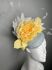 Kentucky Derby Yellow Peony & Rose on Soft Blue Base White Feathers Fascinator Hat