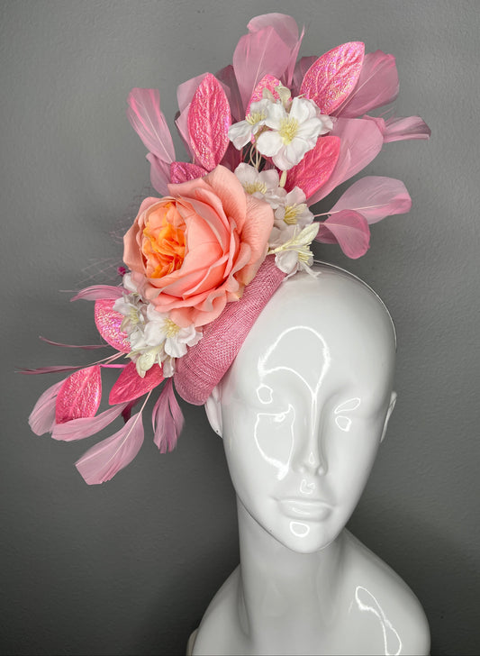Statement Pink with Rose, White Blooms  & Feather Detail Fascinator Hat