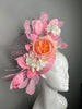 Statement Pink with Rose, White Blooms  & Feather Detail Fascinator Hat