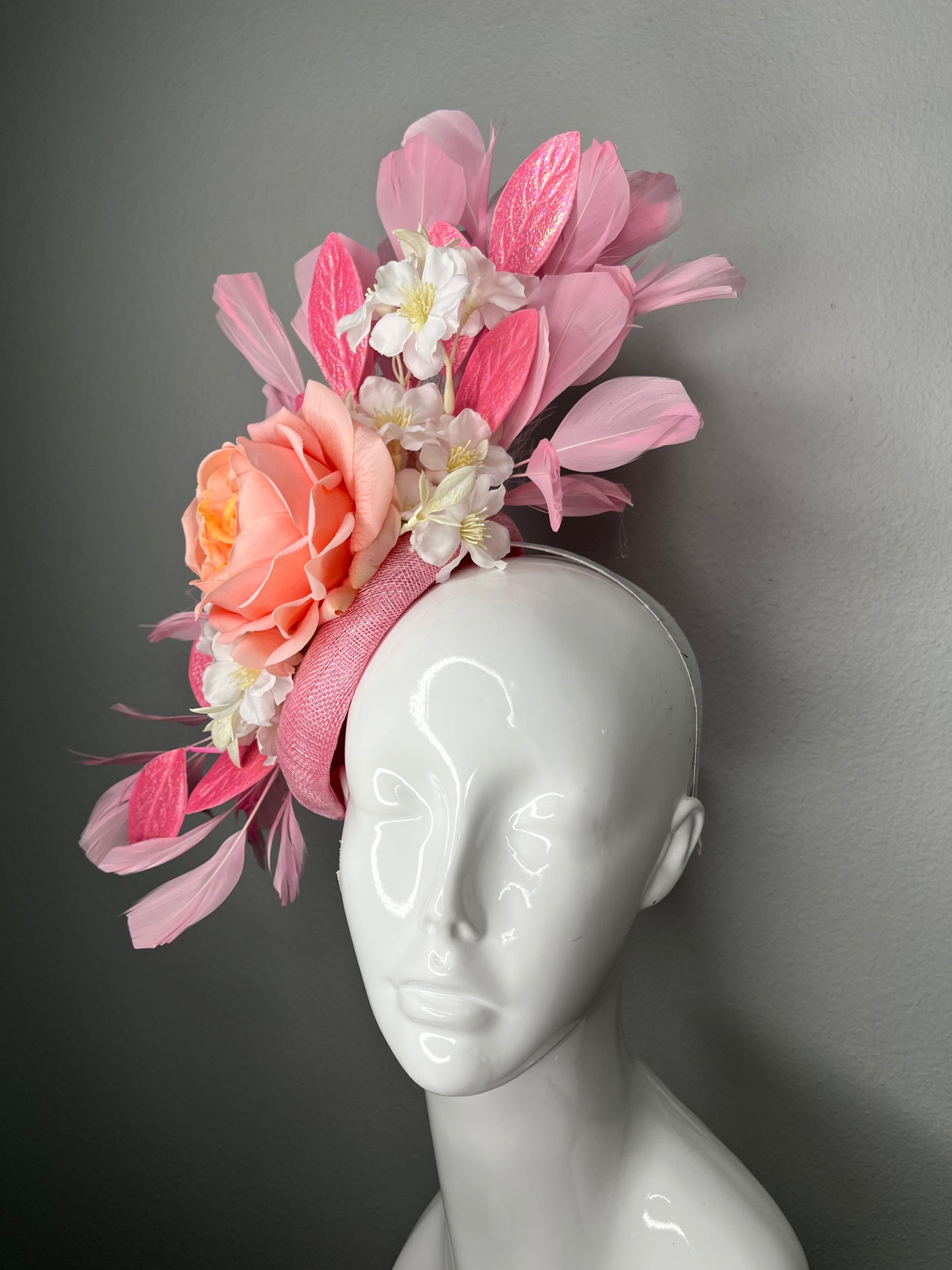 Statement Pink with Rose, White Blooms  & Feather Detail Fascinator Hat