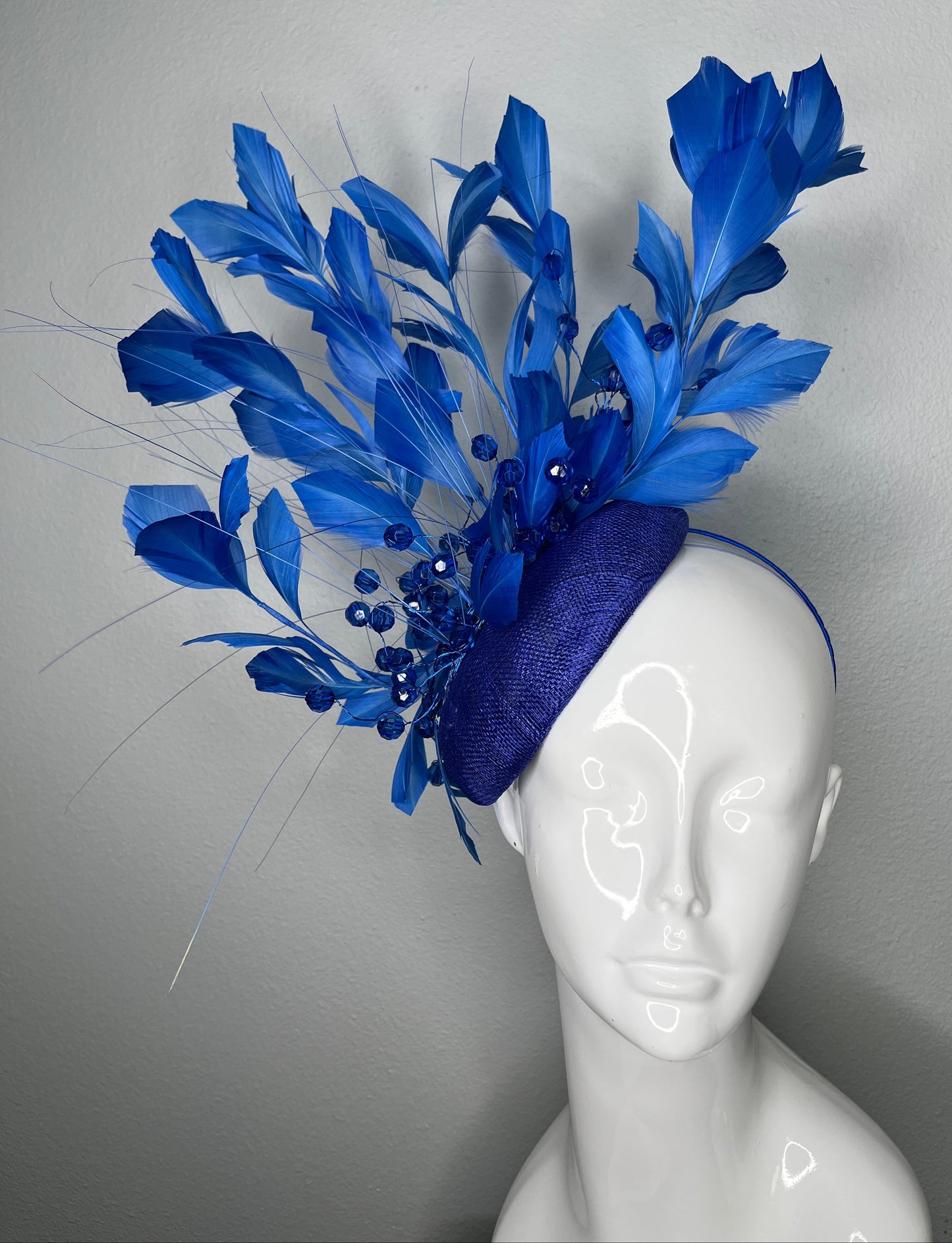 Bold Blue Derby Fascinator with Feather Plumes and Crystal Spray