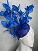 Bold Blue Derby Fascinator with Feather Plumes and Crystal Spray