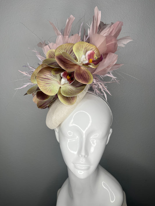Blush Orchid Fascinator Hat – Kentucky Derby Headpiece, Elegant Nude & Pink Feather Cocktail Hat, Wedding Guest Statement Hat