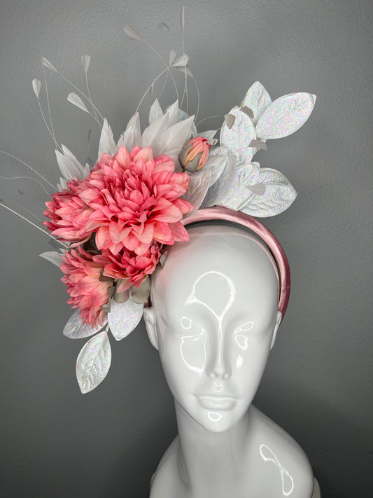 Coral Bloom Fascinator Headband – Iridescent Leaf Derby Hat, Pink Floral Statement Headpiece, Kentucky Derby & Wedding Guest Hat