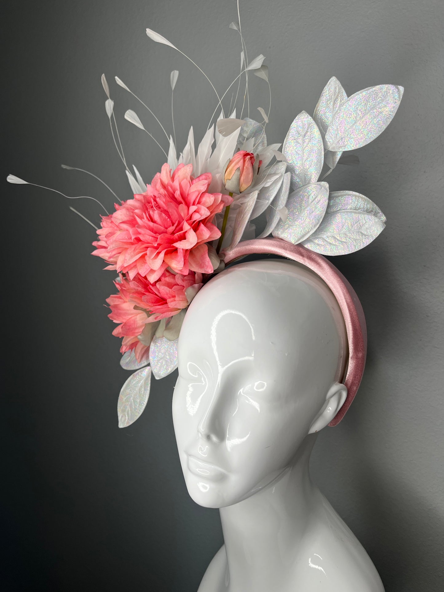 Coral Bloom Fascinator Headband – Iridescent Leaf Derby Hat, Pink Floral Statement Headpiece, Kentucky Derby & Wedding Guest Hat
