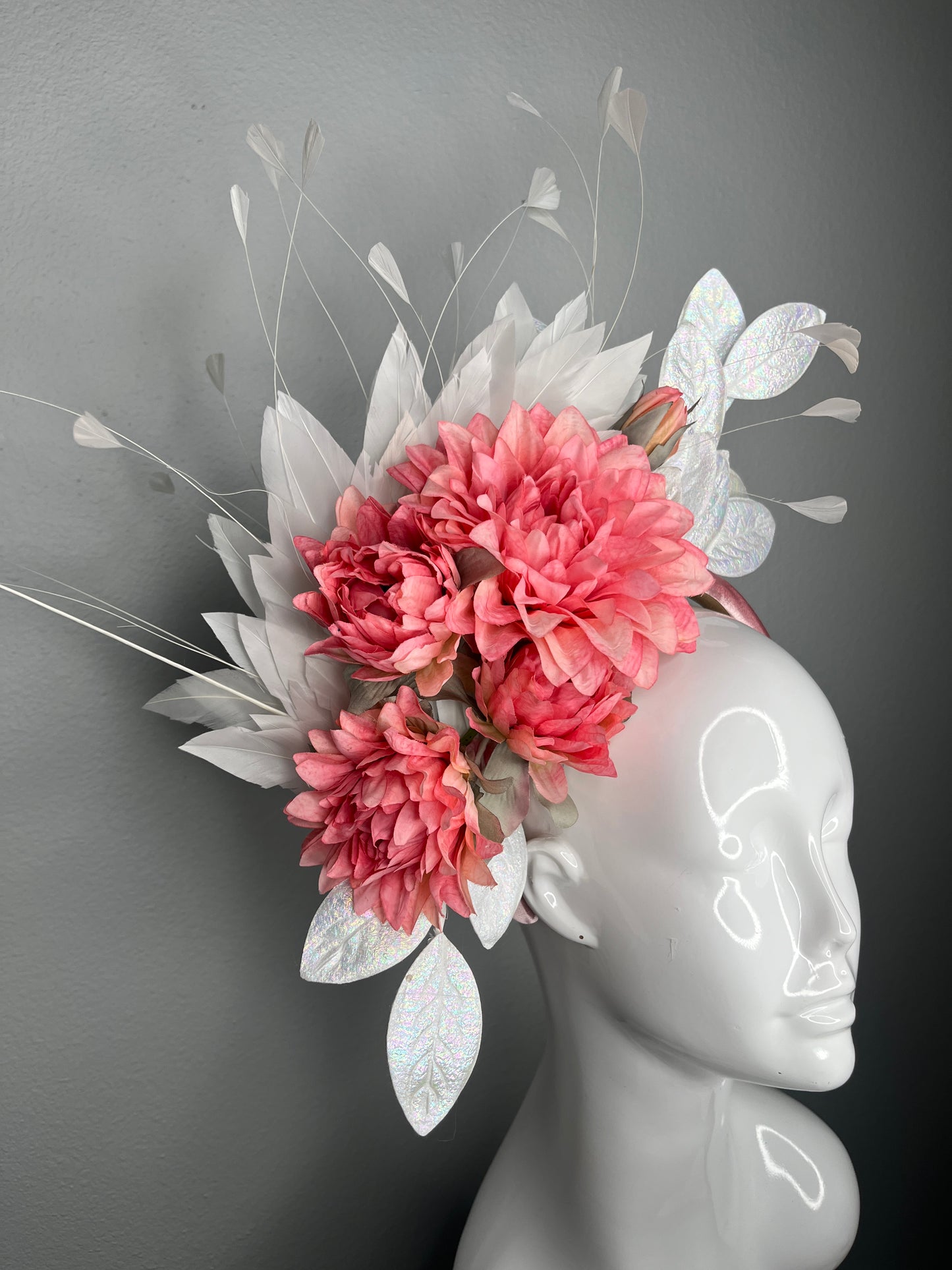 Coral Bloom Fascinator Headband – Iridescent Leaf Derby Hat, Pink Floral Statement Headpiece, Kentucky Derby & Wedding Guest Hat