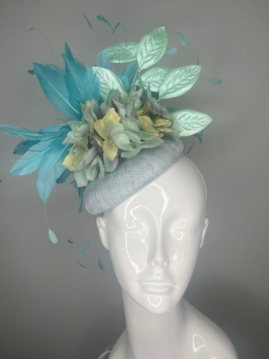 Mint Aqua Blue Garden Party Fascinator – Handcrafted Derby Hat with Iridescent Leaves & Feathers
