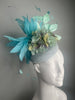 Mint Aqua Blue Garden Party Fascinator – Handcrafted Derby Hat with Iridescent Leaves & Feathers