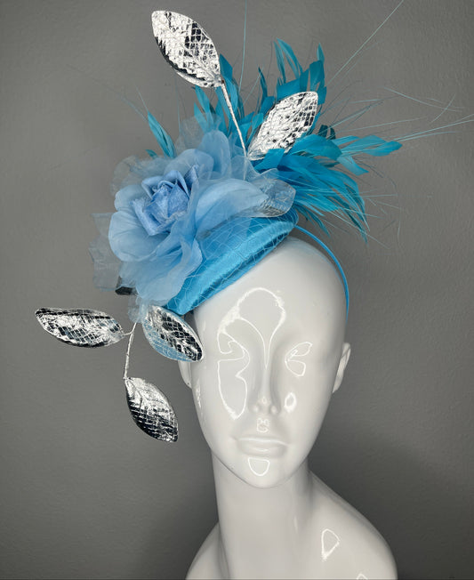Blue  and Silver Fascinator Feather Hat Kentucky Derby Headpiece Silk Flower Headband Silver Leaves | Elegant Race Day Hat | Wedding Guest Hat