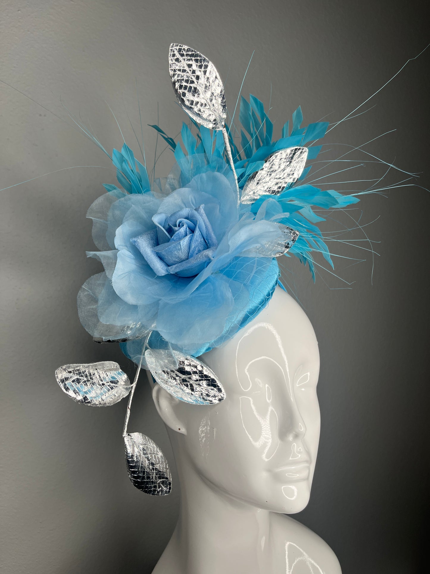 Blue  and Silver Fascinator Feather Hat Kentucky Derby Headpiece Silk Flower Headband Silver Leaves | Elegant Race Day Hat | Wedding Guest Hat