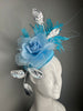 Blue  and Silver Fascinator Feather Hat Kentucky Derby Headpiece Silk Flower Headband Silver Leaves | Elegant Race Day Hat | Wedding Guest Hat