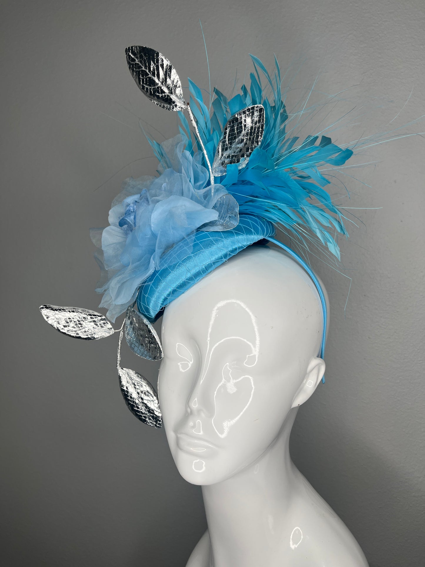 Blue  and Silver Fascinator Feather Hat Kentucky Derby Headpiece Silk Flower Headband Silver Leaves | Elegant Race Day Hat | Wedding Guest Hat
