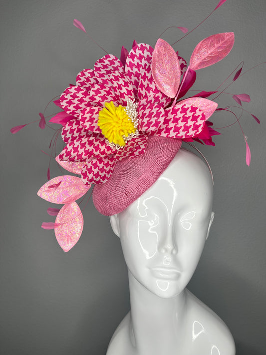 Hot Pink Fascinator with Houndstooth Flower, Yellow Center, and Iridescent Pink Leaves on a Structured Base