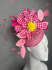 Hot Pink Fascinator with Houndstooth Flower, Yellow Center, and Iridescent Pink Leaves on a Structured Base