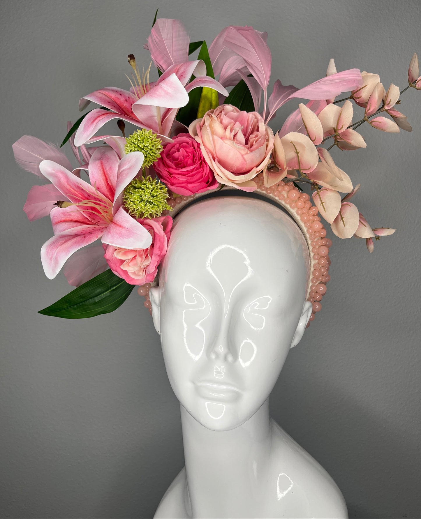 Blush Pink Floral Fascinator with Stargazer Lilies, Roses and Pearl Beaded Headband
