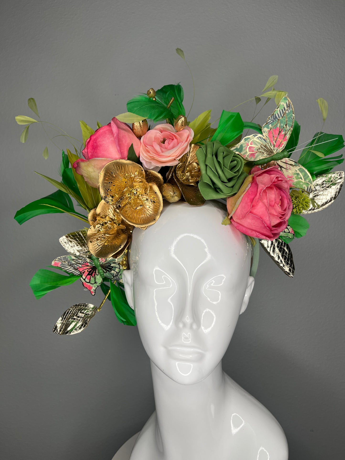 Kentucky Derby Floral Fascinator Hat | Pink & Green Statement Headpiece with Gold Accents | Garden Party, Oaks Day, Wedding Guest Hat