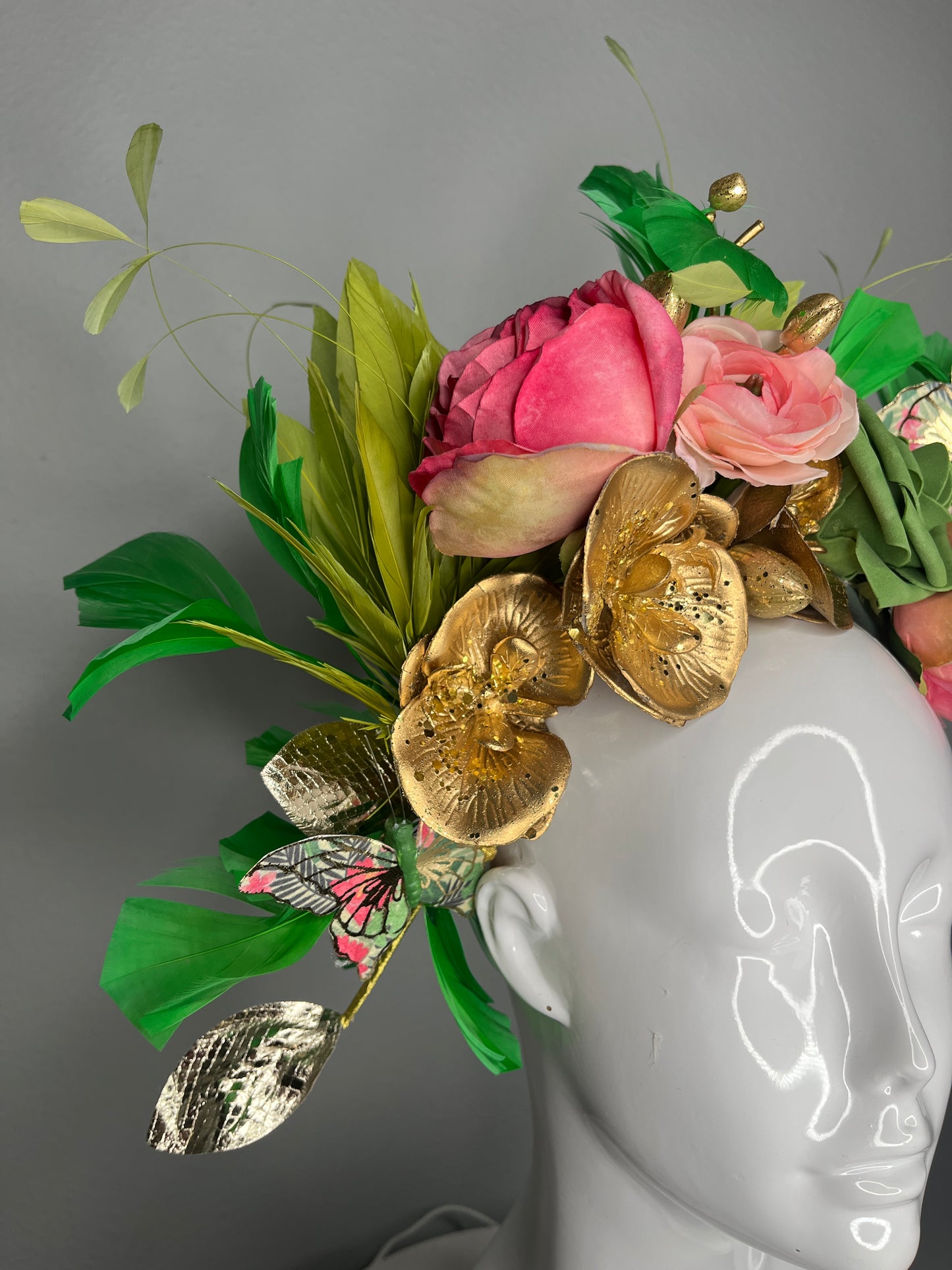 Kentucky Derby Floral Fascinator Hat | Pink & Green Statement Headpiece with Gold Accents | Garden Party, Oaks Day, Wedding Guest Hat