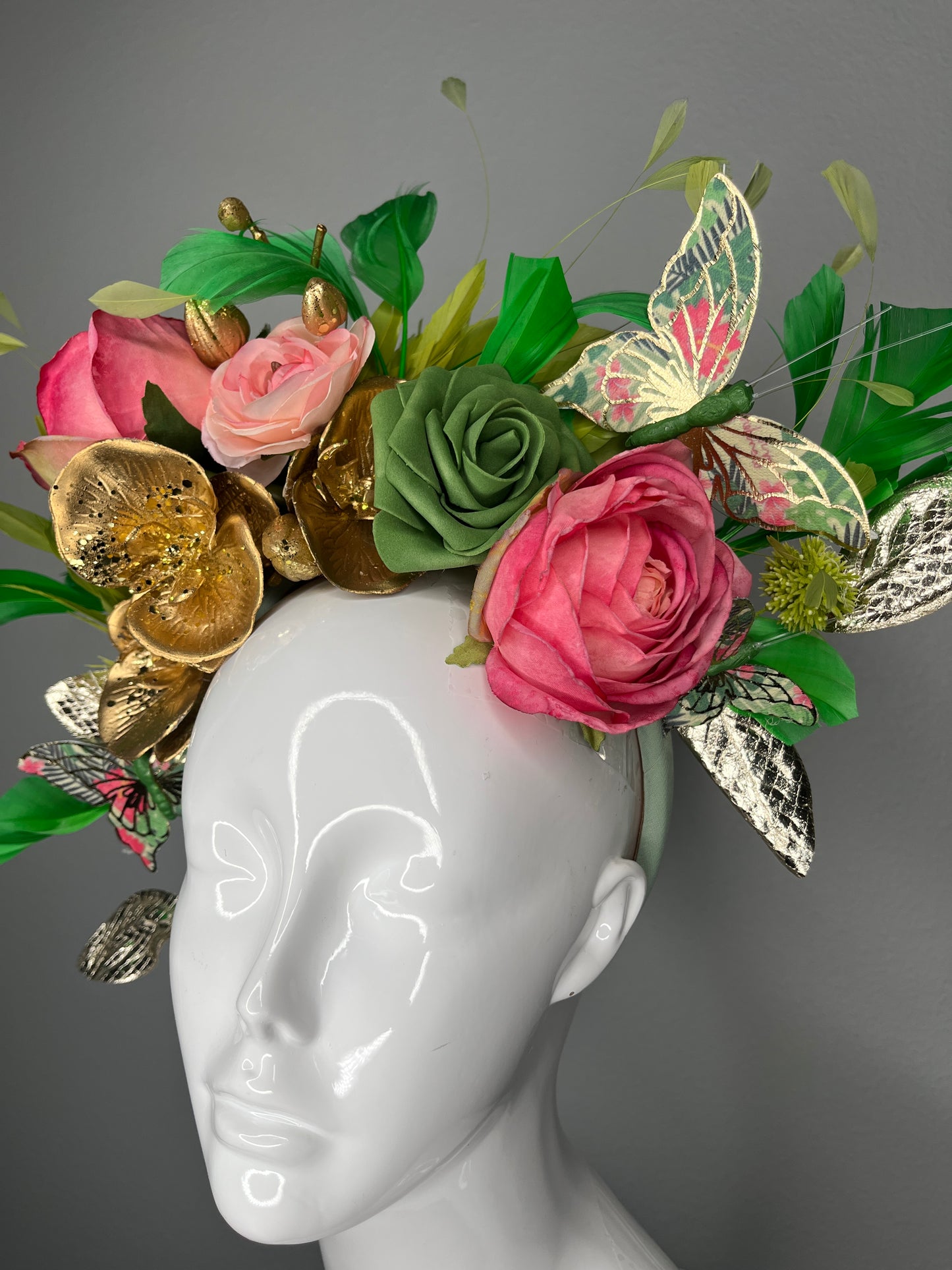 Kentucky Derby Floral Fascinator Hat | Pink & Green Statement Headpiece with Gold Accents | Garden Party, Oaks Day, Wedding Guest Hat