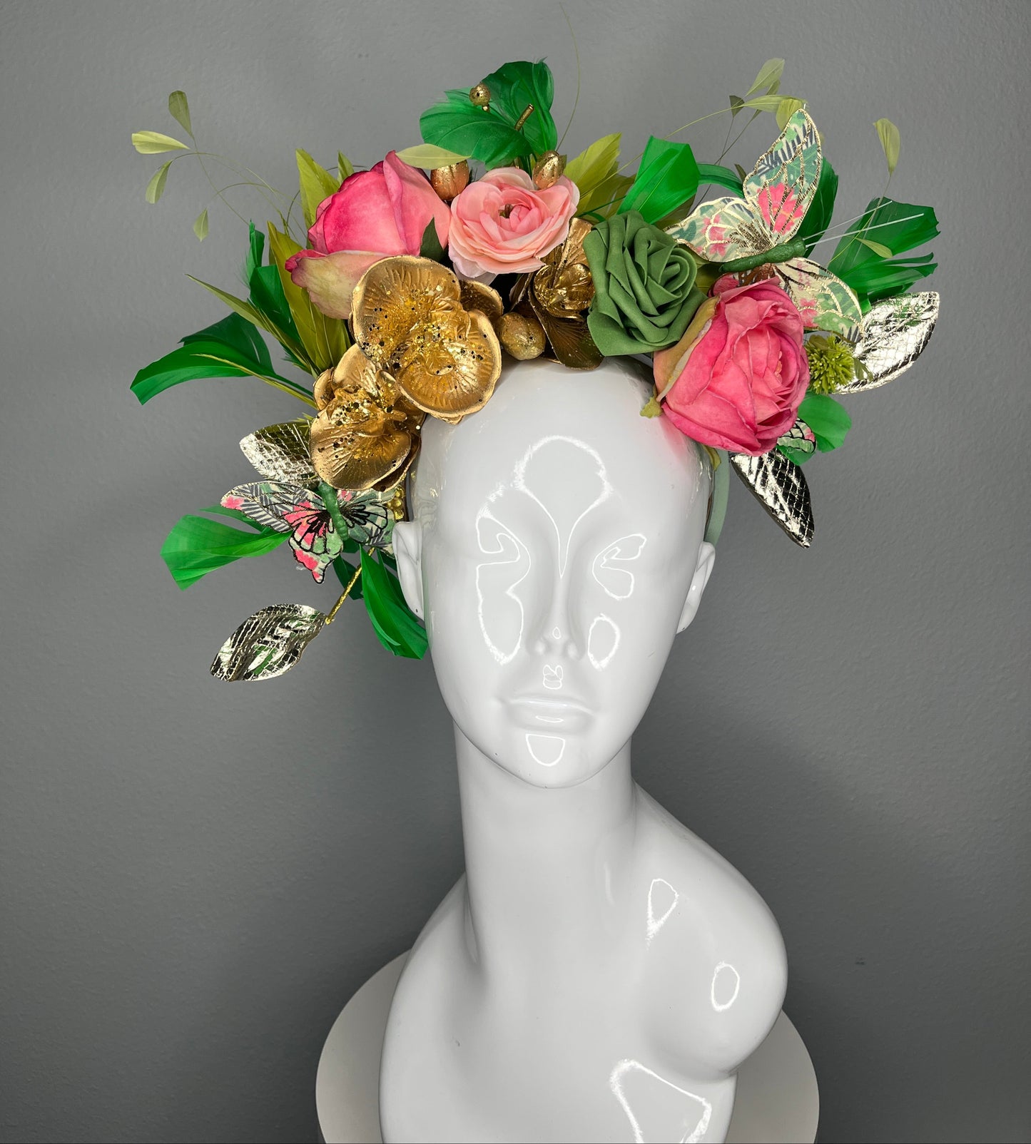 Kentucky Derby Floral Fascinator Hat | Pink & Green Statement Headpiece with Gold Accents | Garden Party, Oaks Day, Wedding Guest Hat
