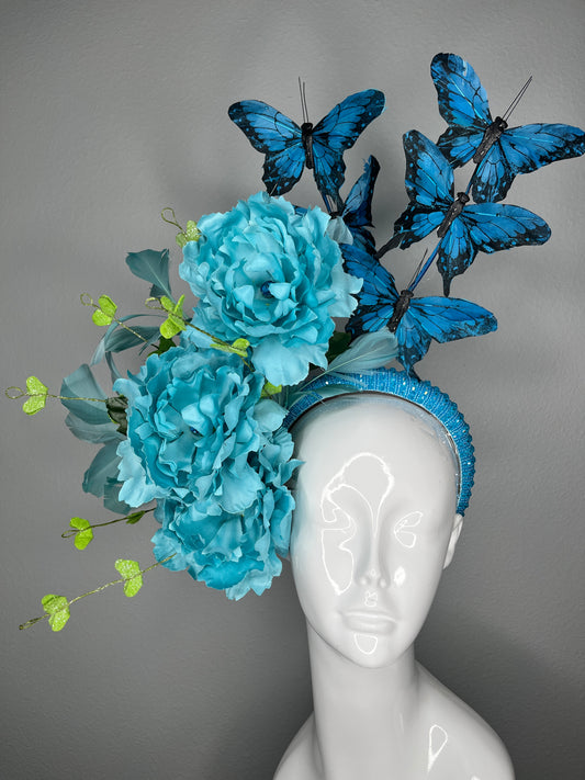 Turquoise Floral Butterfly Fascinator Headband  Statement Derby Hat with Blue Butterflies  Oversized Blooms