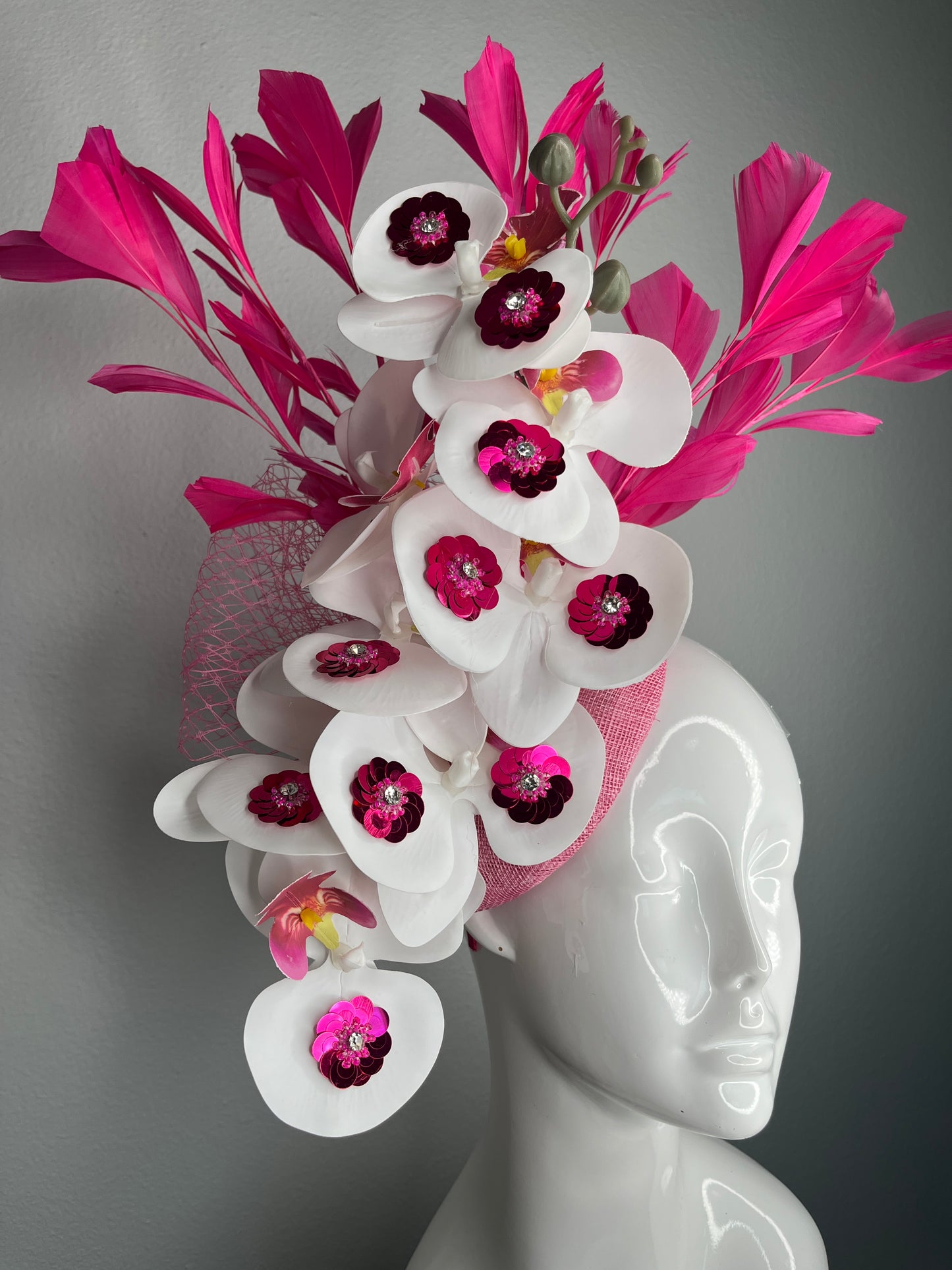 Hot Pink Orchid Fascinator with Feathers – Bold Derby Headband with White Orchids & Sequin Detail