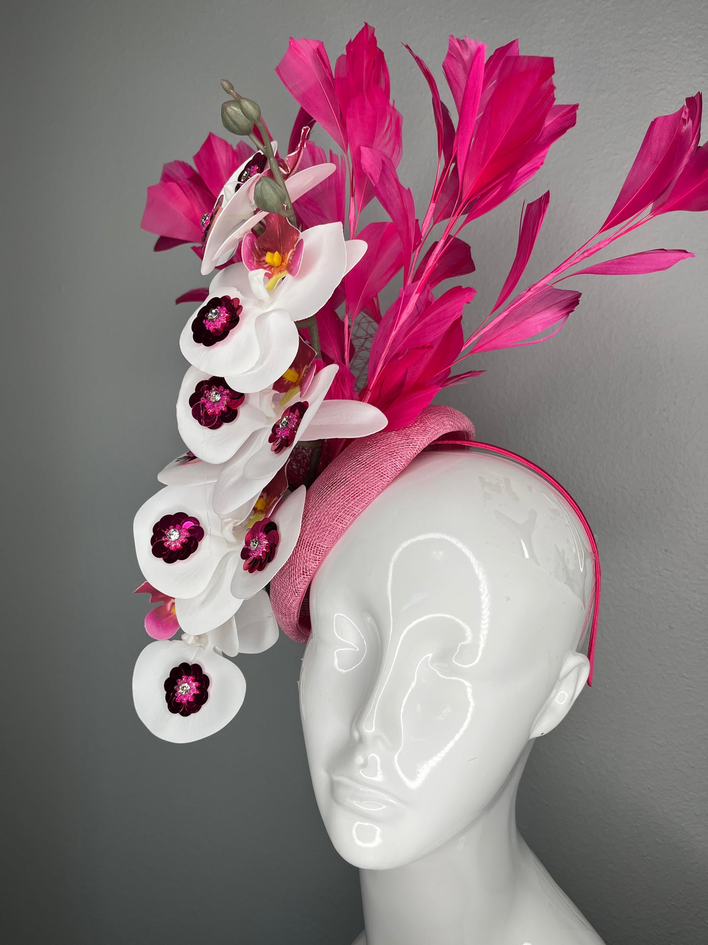 Hot Pink Orchid Fascinator with Feathers – Bold Derby Headband with White Orchids & Sequin Detail