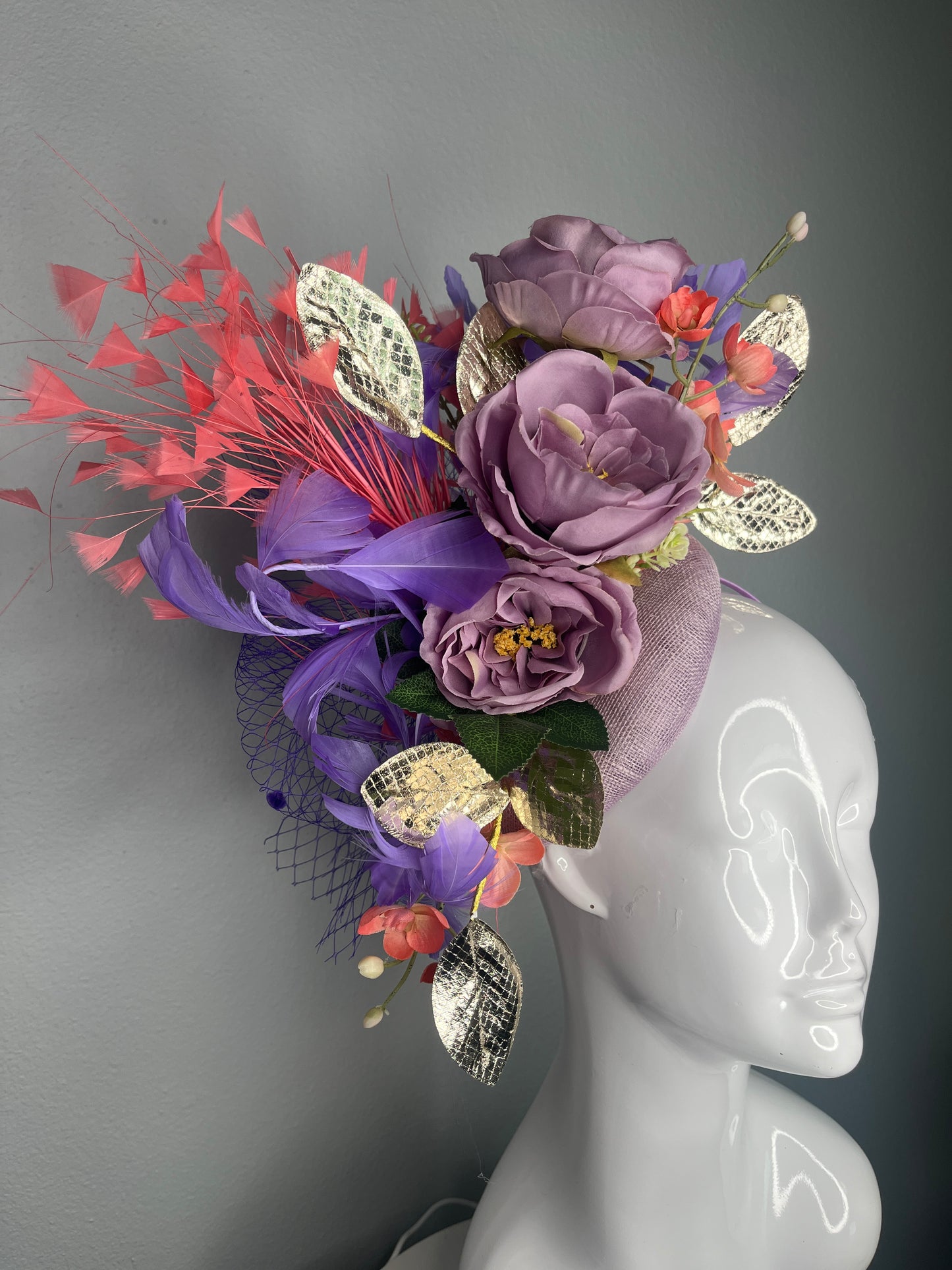 Lavender Rose Statement Fascinator with Coral Accents & Gold Leaf Detail
