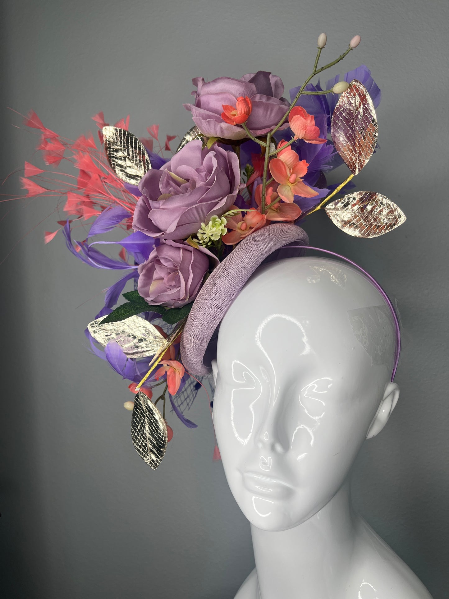 Lavender Rose Statement Fascinator with Coral Accents & Gold Leaf Detail
