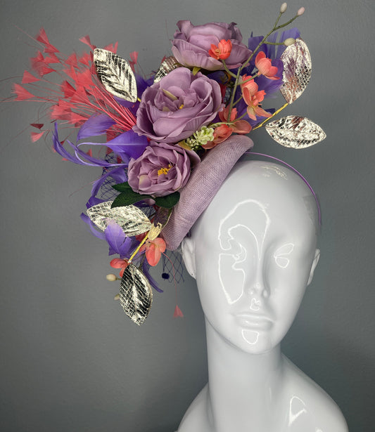 Lavender Rose Statement Fascinator with Coral Accents & Gold Leaf Detail