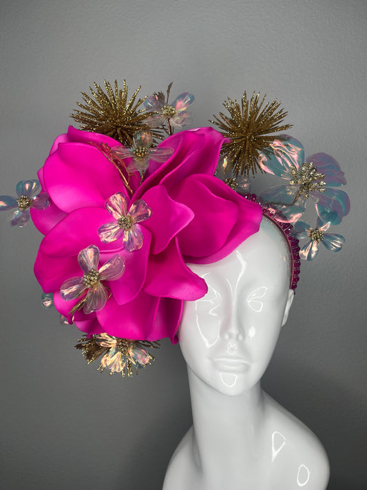 Kentucky Derby & Kentucky Oaks Hot Pink Statement Fascinator Luxe Floral Headpiece with Gold and Iridescent Accents