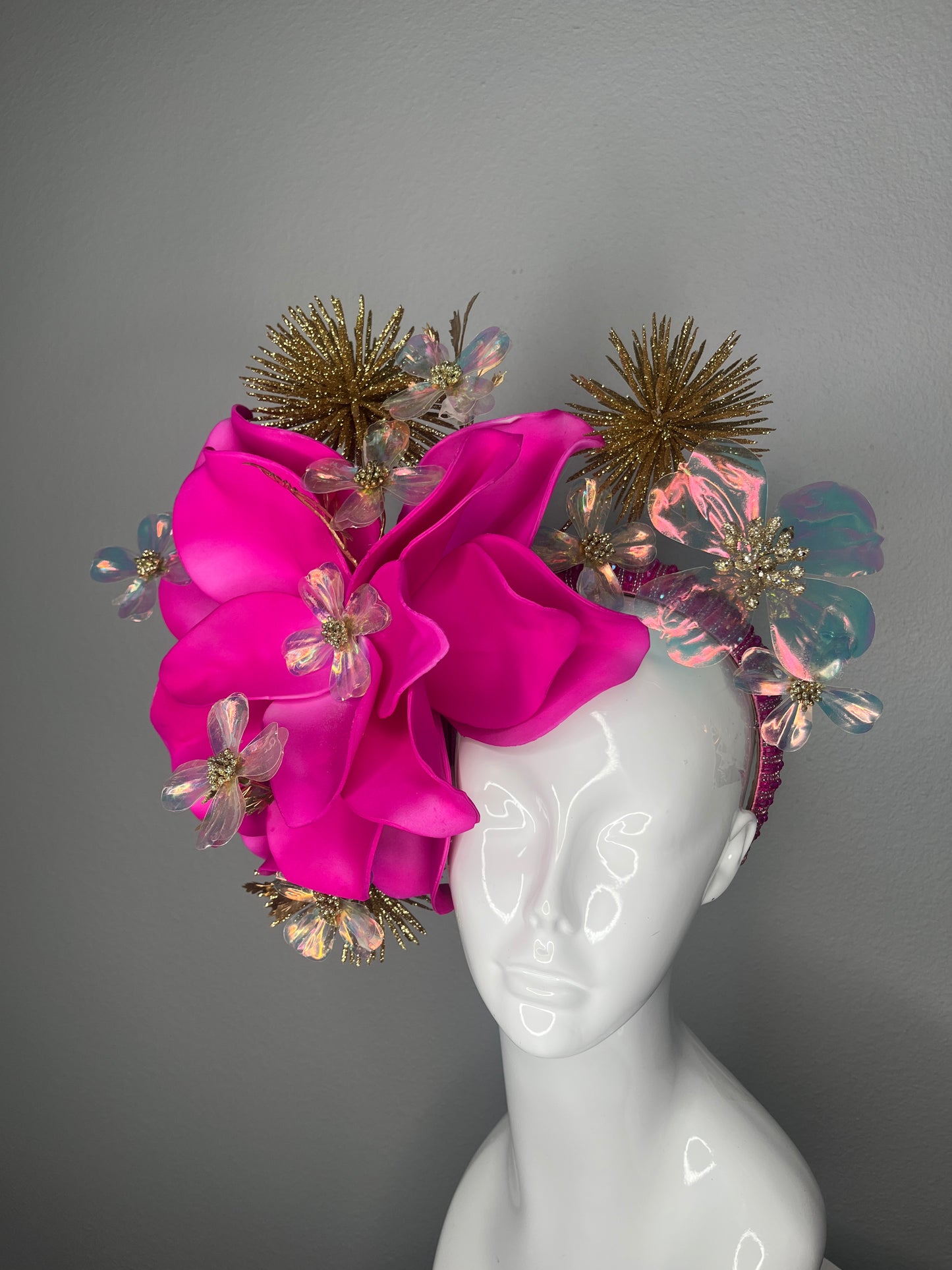 Kentucky Derby & Kentucky Oaks Hot Pink Statement Fascinator Luxe Floral Headpiece with Gold and Iridescent Accents