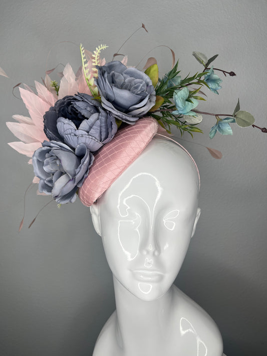 Custom Order For Sharalea - Kentucky Derby and Kentucky Oaks Blush & Blue Floral Fascinator  Elegant Statement Headpiece with Silk Flowers  Feathers