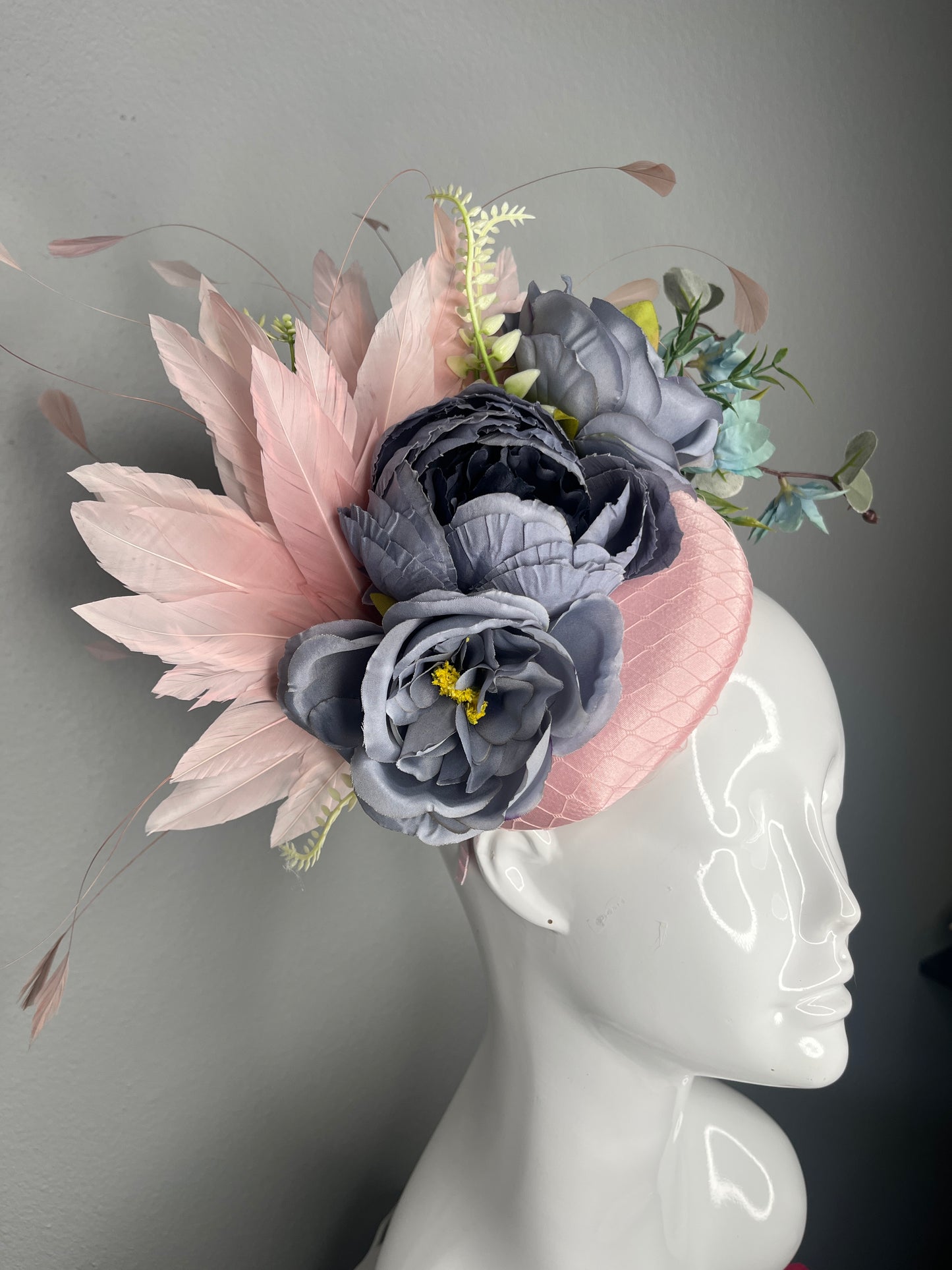 Custom Order For Sharalea - Kentucky Derby and Kentucky Oaks Blush & Blue Floral Fascinator  Elegant Statement Headpiece with Silk Flowers  Feathers