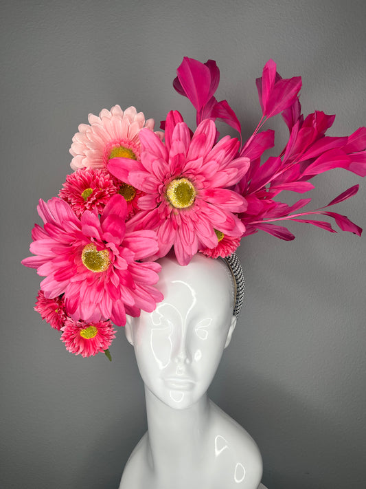 Kentucky Derby  Kentucky Oaks Hot Pink Floral Fascinator Bold Garden Party Statement Headpiece with Feathers
