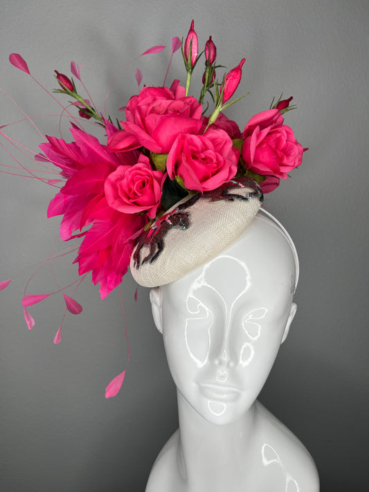 Hot Pink Rose & Feather Fascinator on Ivory Base with Embellished Detail | Kentucky Derby Hat | Statement Floral Headpiece