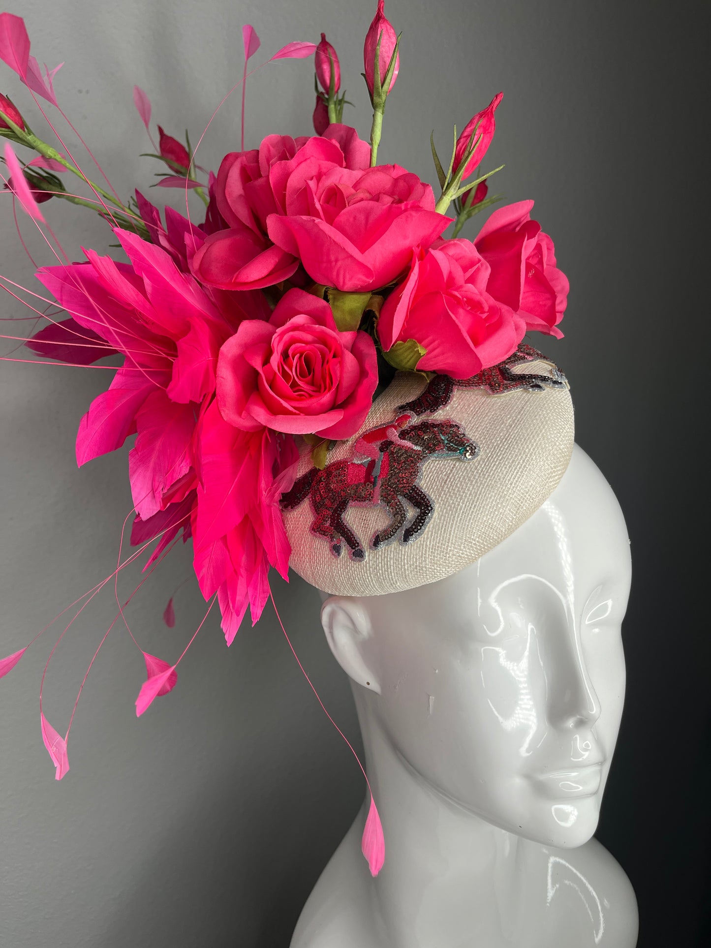 Hot Pink Rose & Feather Fascinator on Ivory Base with Embellished Detail | Kentucky Derby Hat | Statement Floral Headpiece