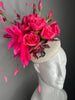 Hot Pink Rose & Feather Fascinator on Ivory Base with Embellished Detail | Kentucky Derby Hat | Statement Floral Headpiece