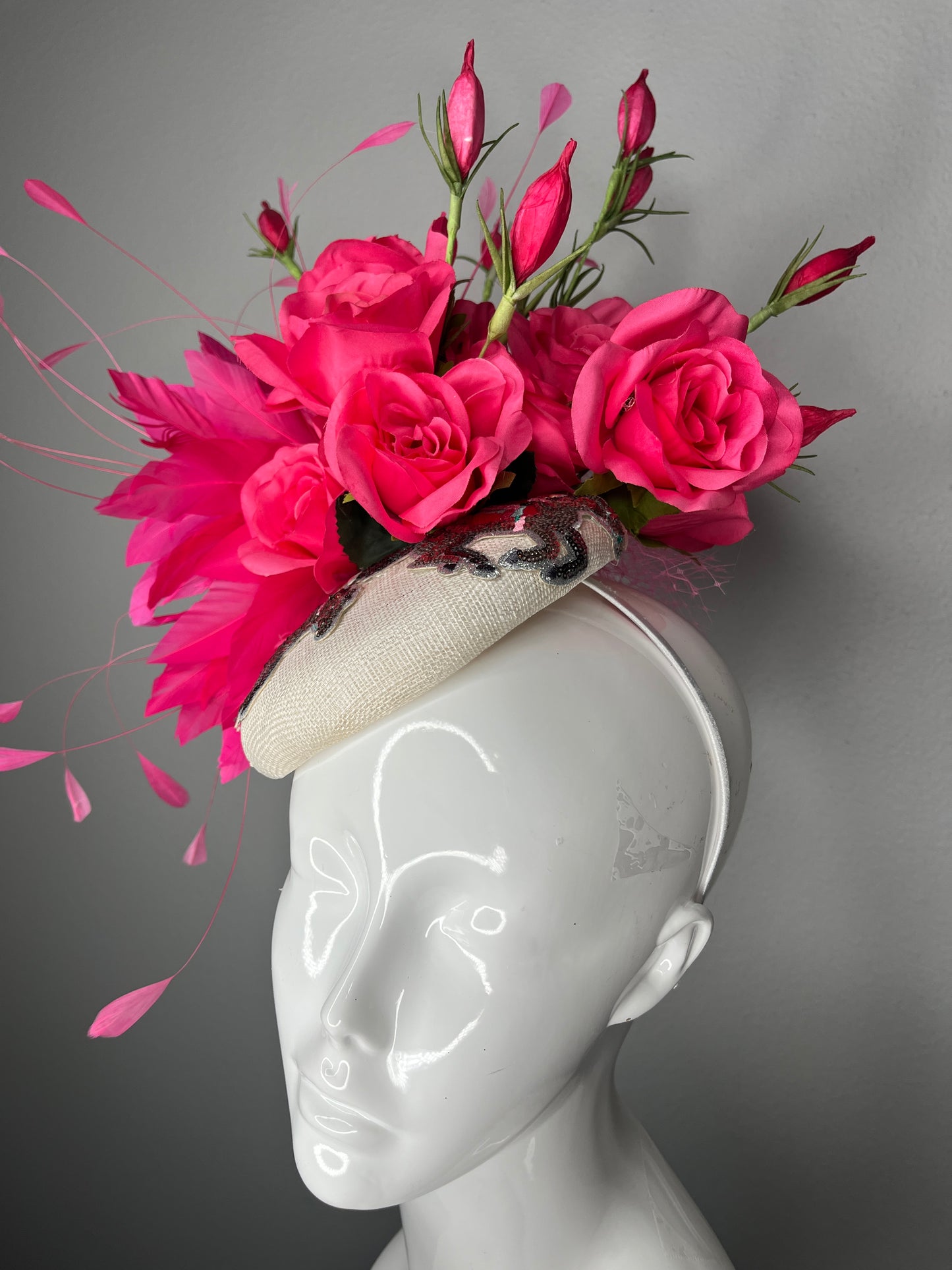 Hot Pink Rose & Feather Fascinator on Ivory Base with Embellished Detail | Kentucky Derby Hat | Statement Floral Headpiece