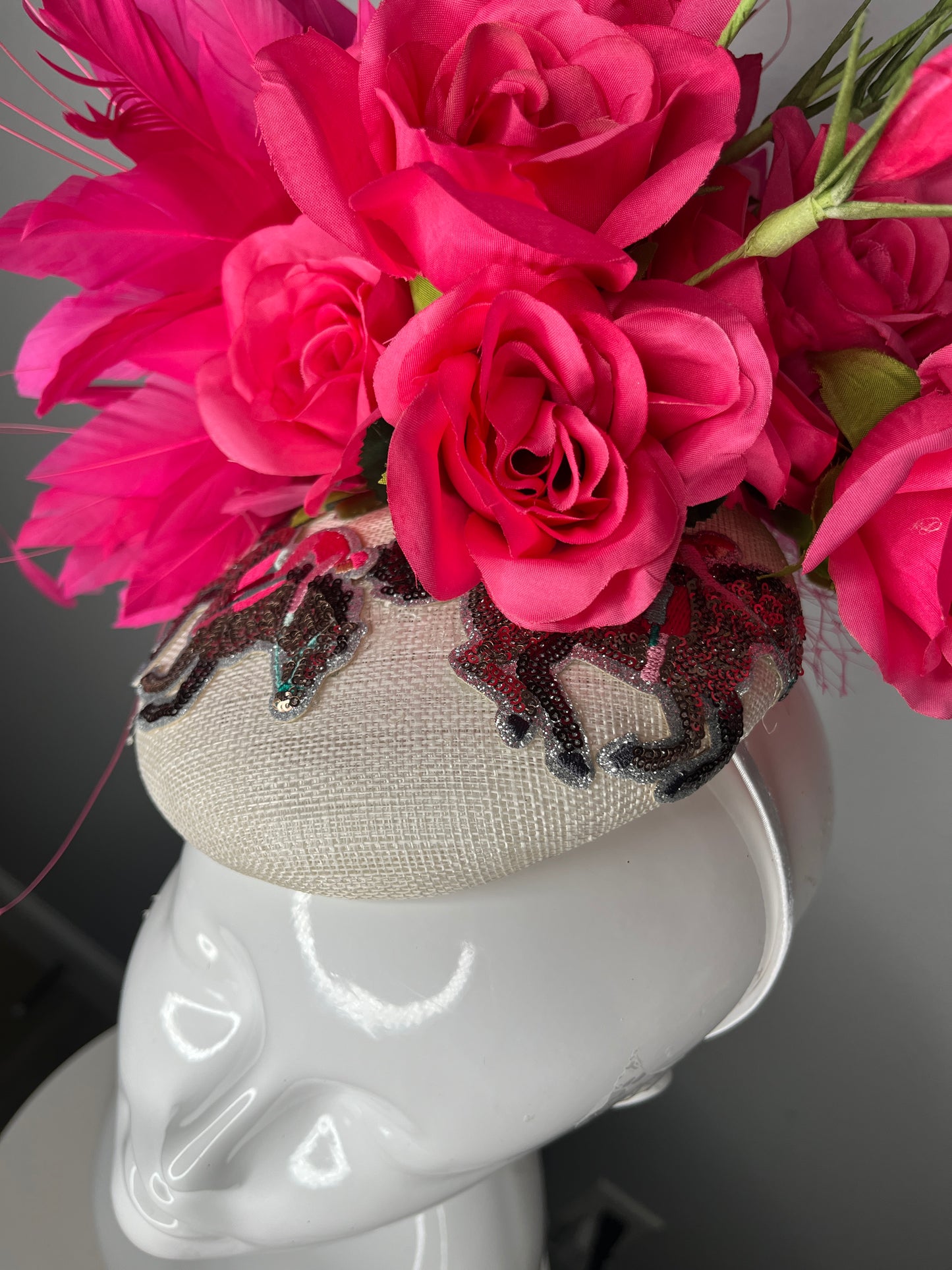 Hot Pink Rose & Feather Fascinator on Ivory Base with Embellished Detail | Kentucky Derby Hat | Statement Floral Headpiece