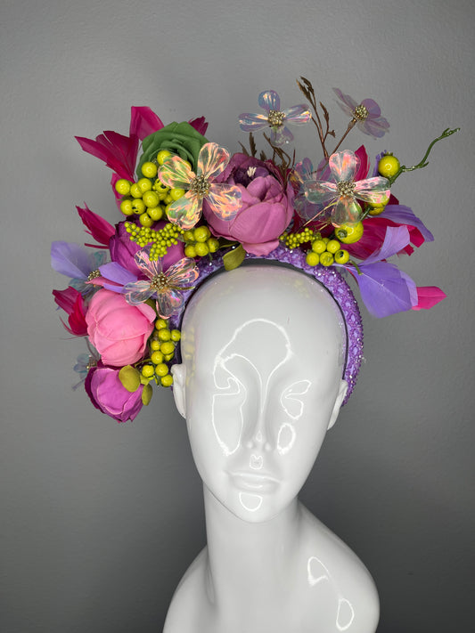 Kentucky Derby Whimsical Garden Bloom Fascinator Pink, Purple Chartreuse Iridescent Floral Headpiece