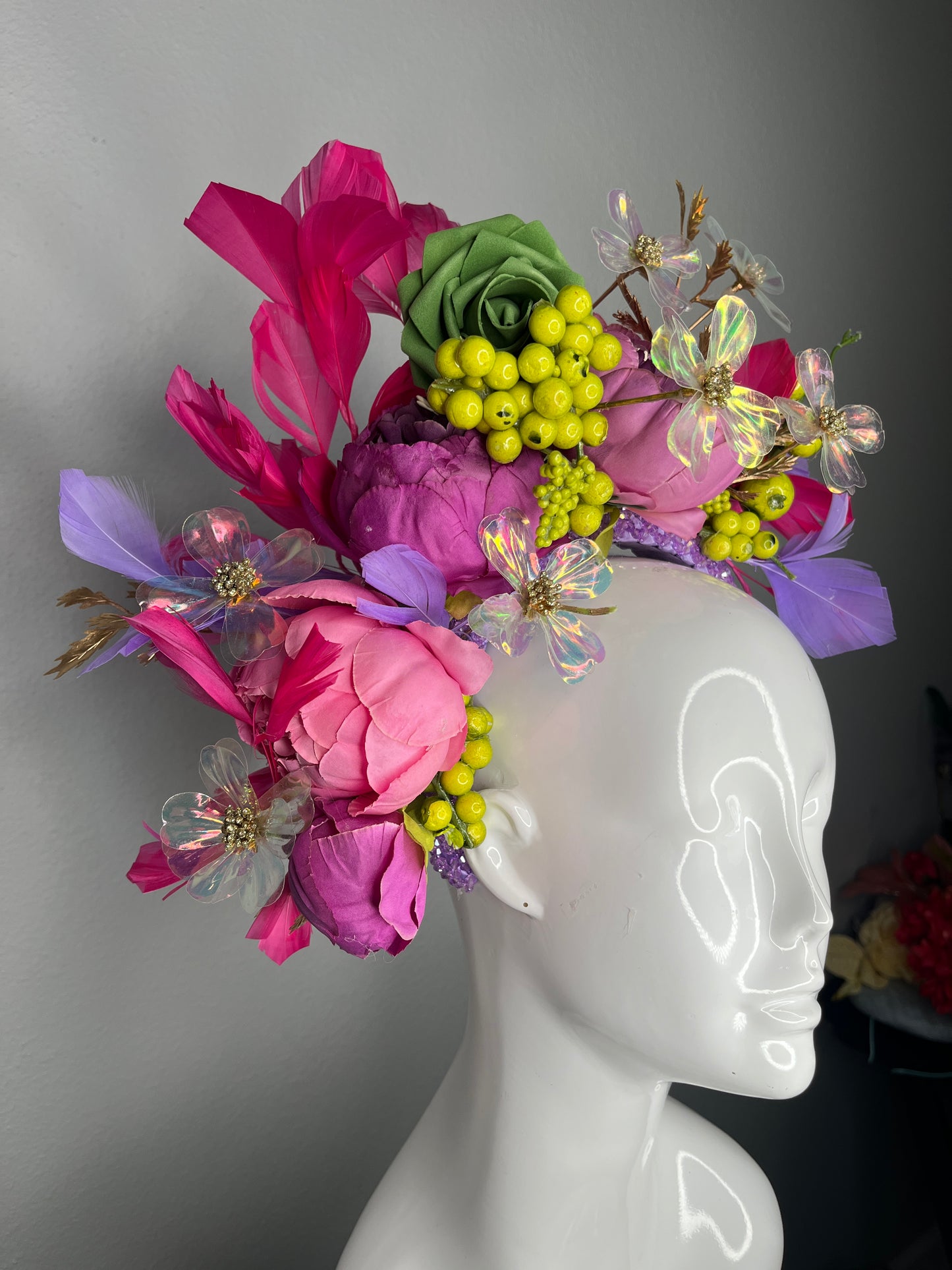 Kentucky Derby Whimsical Garden Bloom Fascinator  Pink, Purple  Chartreuse Iridescent Floral Headpiece