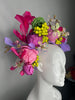 Kentucky Derby Whimsical Garden Bloom Fascinator Pink, Purple Chartreuse Iridescent Floral Headpiece