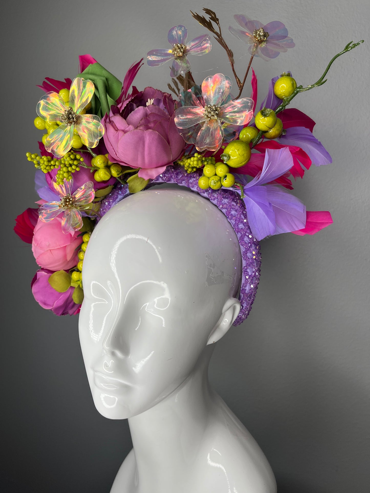 Kentucky Derby Whimsical Garden Bloom Fascinator  Pink, Purple  Chartreuse Iridescent Floral Headpiece