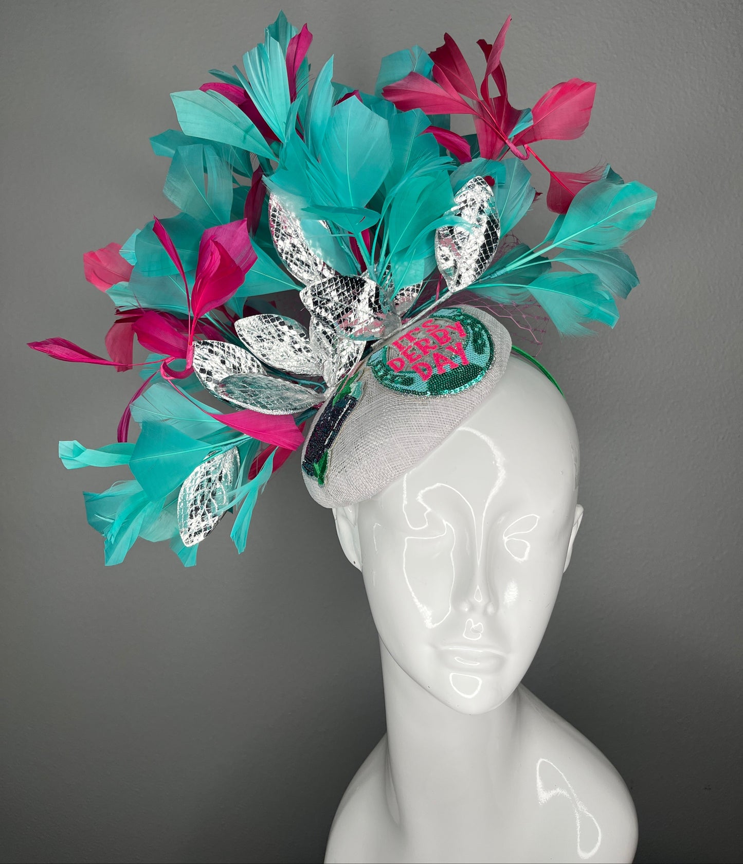 It’s Derby Day Turquoise and Hot Pink  Mint Julep Statement Fascinator with Metallic Leaf Detail Kentucky Derby