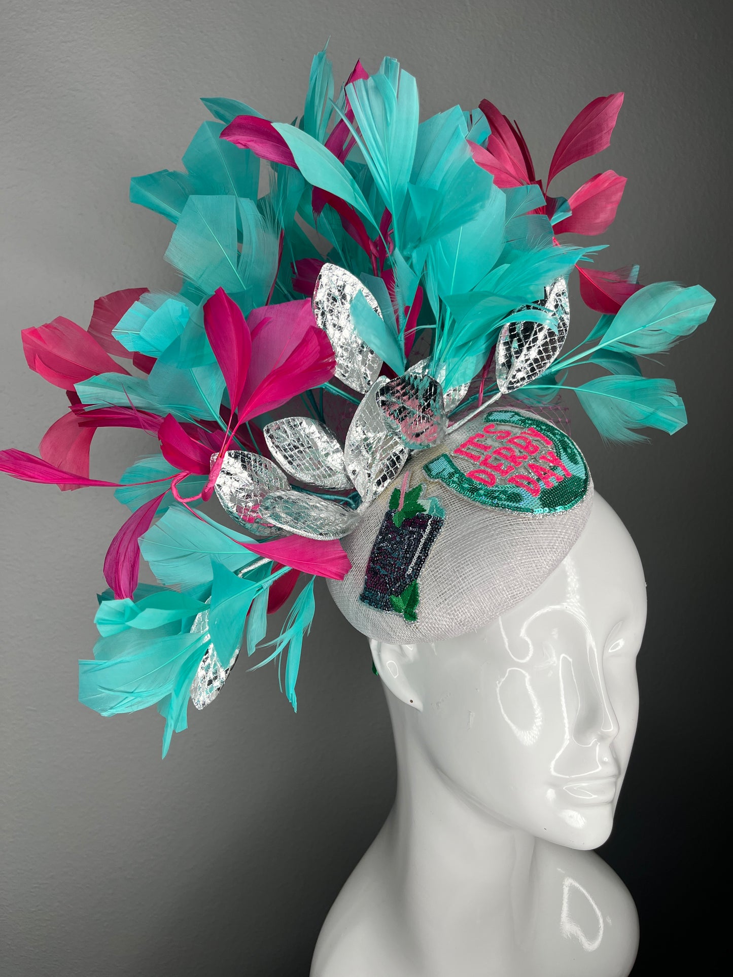 It’s Derby Day Turquoise and Hot Pink  Mint Julep Statement Fascinator with Metallic Leaf Detail Kentucky Derby